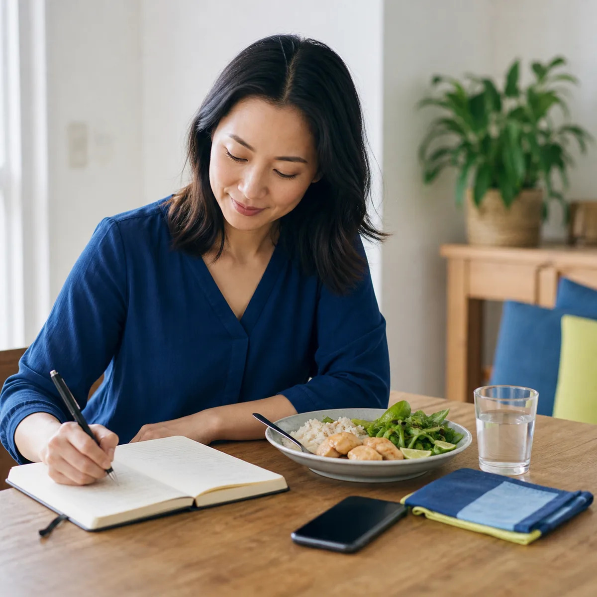 Woman at a dining table writing in a notebook beside a meal and a glass of water