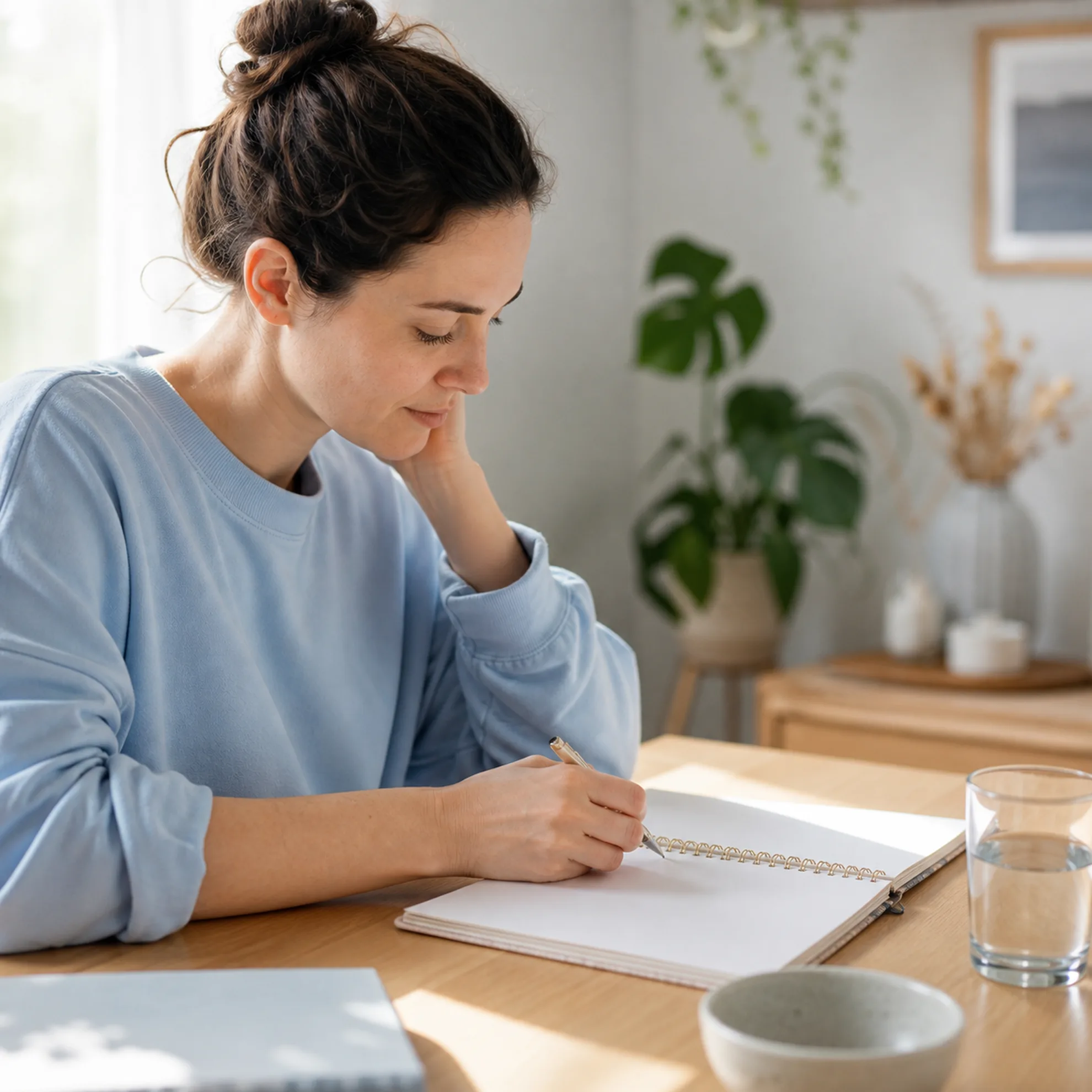 Adult reviewing a blank cycle-planning notebook at a bright home desk
