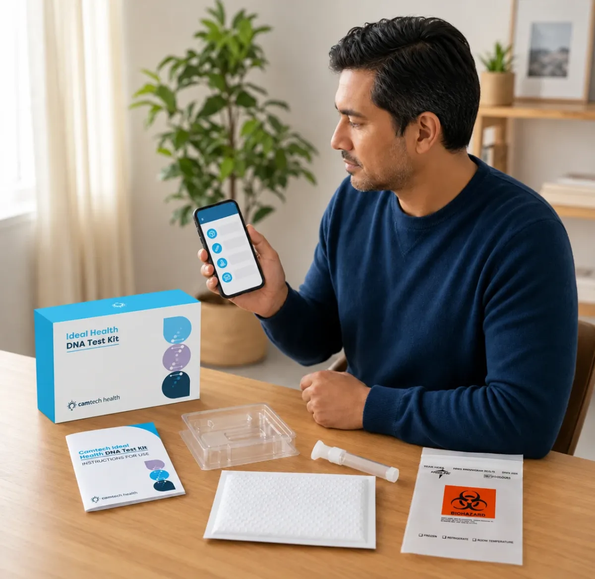 Man reviewing a health app on his phone beside an IDEAL Health DNA Test Kit and its sample collection contents