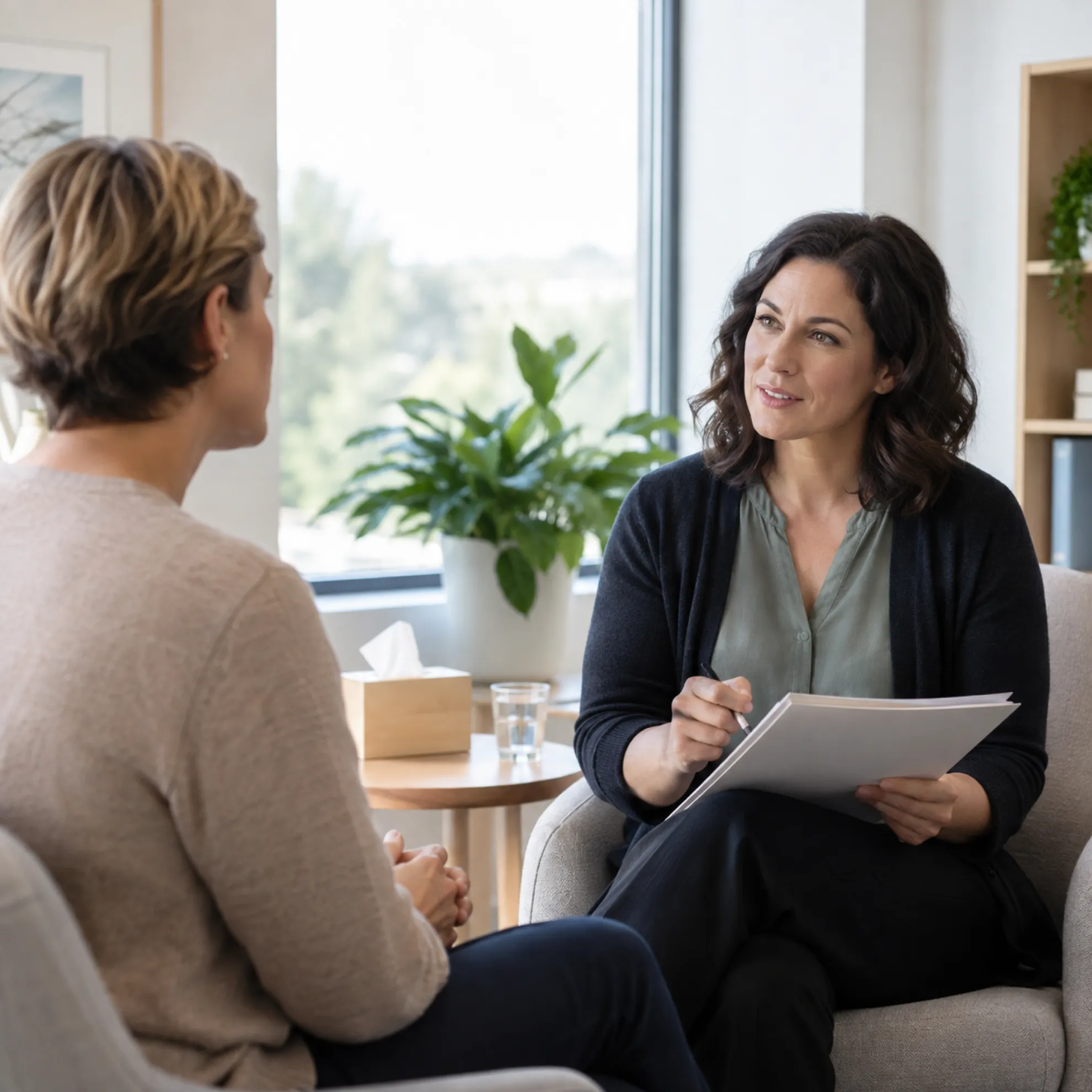 Healthcare professional holding a clipboard and talking with an adult patient in a bright consultation room