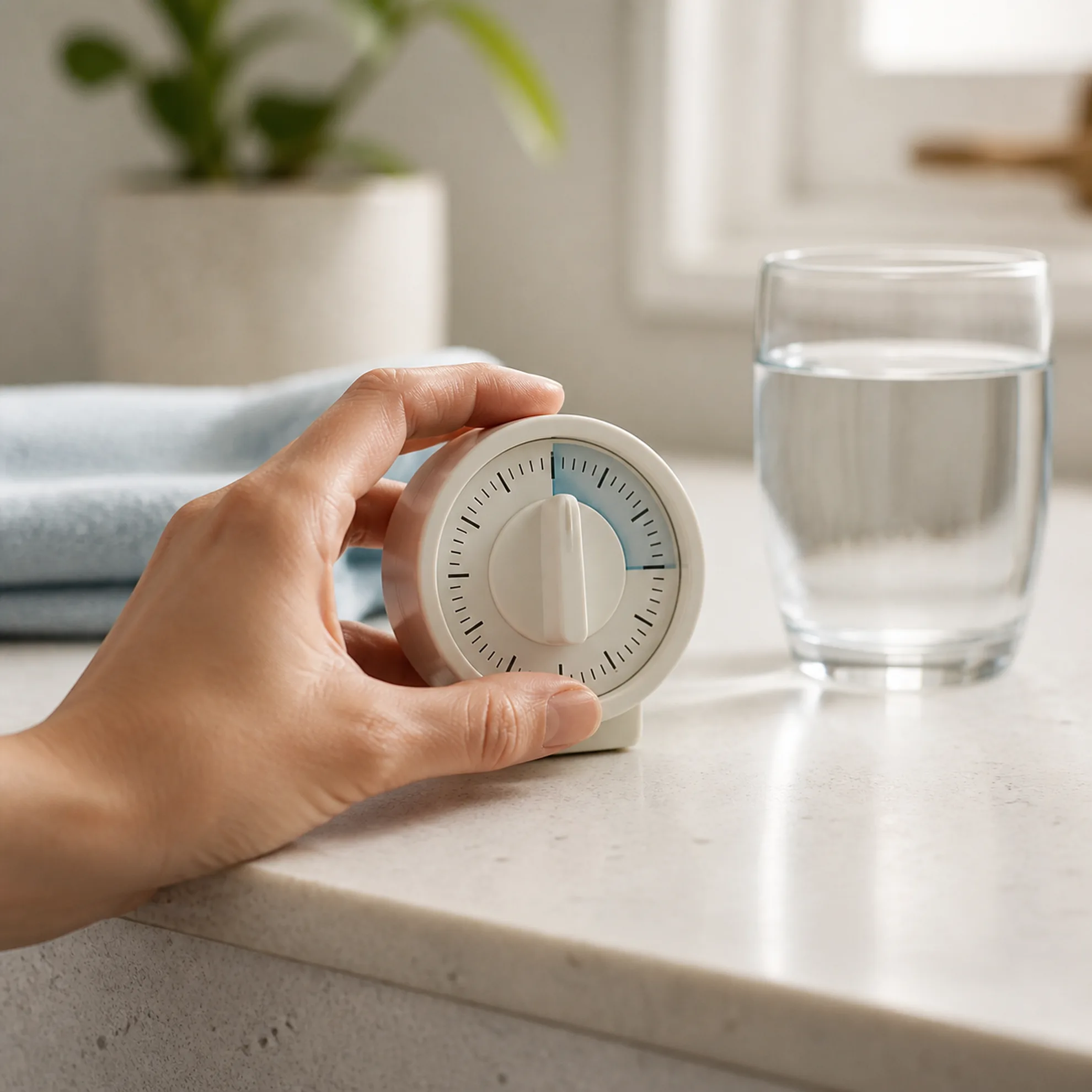 Hand setting an unbranded timer beside a glass of water on a pale counter
