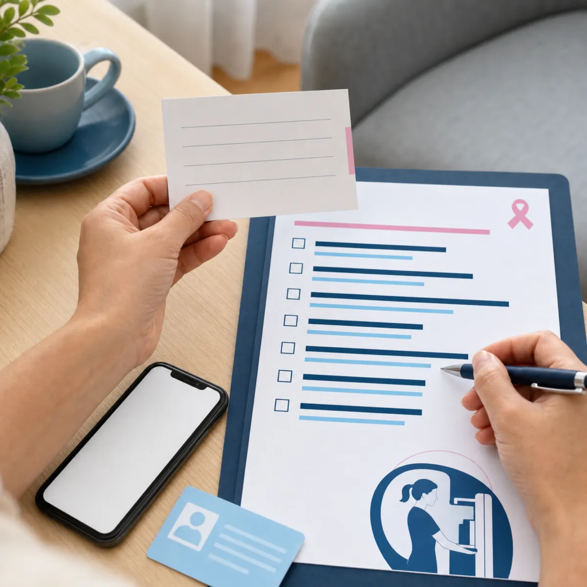 Hands arranging a mammogram booking checklist and blank appointment card