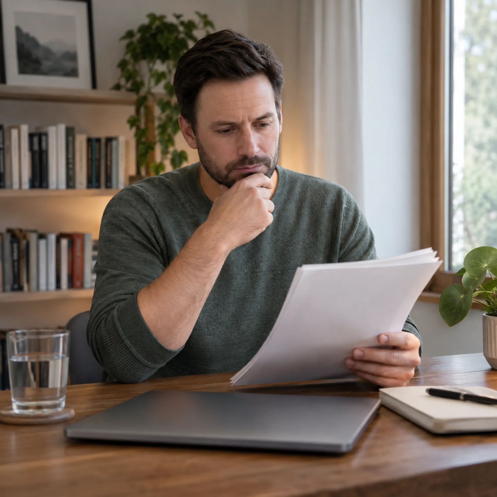 Man at a home desk with a laptop and notebook, thoughtfully reading a printed DNA test report